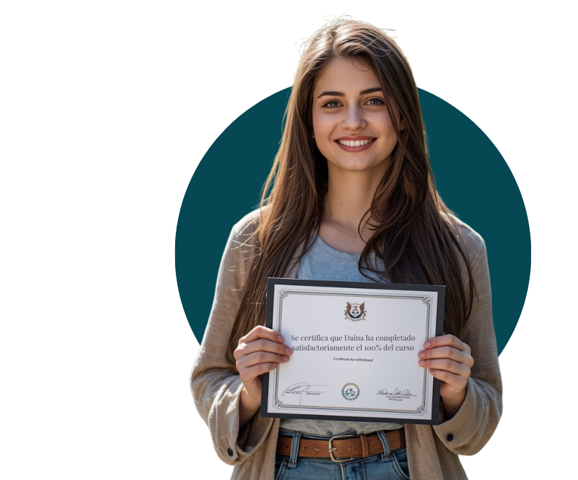 Persona sosteniendo un certificado de finalización de curso digital como acreditación de formación profesional